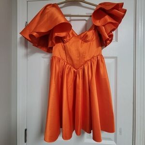 Asos Luxe Satin Puff Sleeve Asymmetrical Corset Mini Dress In Orange Size 6.